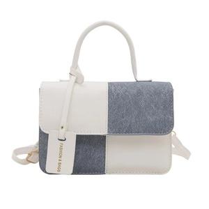 Retro color-block handbag in white leather and blue denim texture with top handle and strap