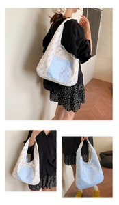 Detail showing the reversible floral bow print and blue check pattern on canvas tote bag