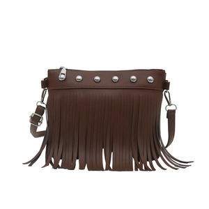 Brown faux leather crossbody bucket bag with silver rivets and long fringe details