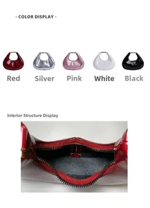 Detailed internal view and color options for the high-gloss crescent shoulder bag