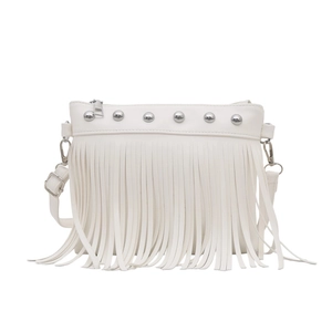 White Bohemian fringe tote bag with silver studs and adjustable shoulder strap