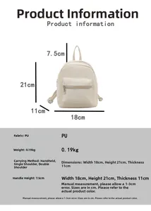 Dettagli mini zaino in PU crema con dimensioni 18x21x11cm e peso di 0,19kg