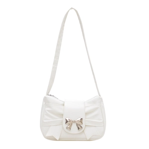 White minimalist baguette bag with large bow design and silver metal clasp detail