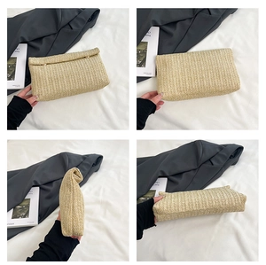Detailed four-angle view of beige woven straw clutch bag with golden metal fastener
