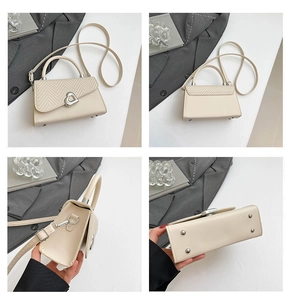 Detailed views of creamy beige handbag showing woven texture, heart lock, and base studs