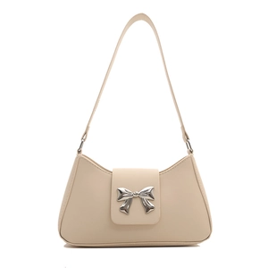 Minimalist beige PU leather shoulder bag with a stylish silver bow metal buckle detail