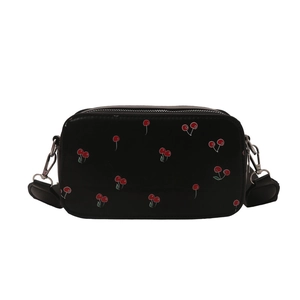 Retro black crossbody camera bag with cute cherry print and adjustable wide strap