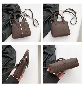 Vista dettagliata da quattro angolazioni di una borsa a tracolla marrone a forma di camicia