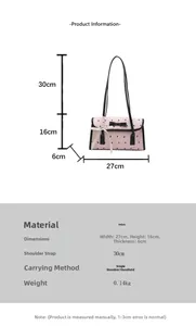 Detailed size chart for pink bow shoulder bag with dimensions 27x16x6cm and strap height