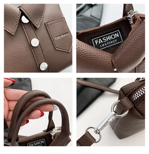 Dettaglio del design a colletto con bottoni moda e texture PU marrone con motivo litchi