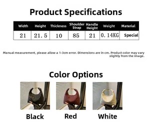 Detailed size chart for stylish pleated hobo bag showing dimensions and colors