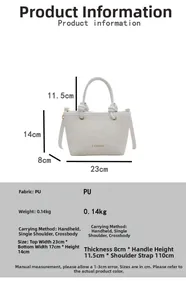 Detail of white PU bucket bag showing golden logo and dimensions for crossbody use
