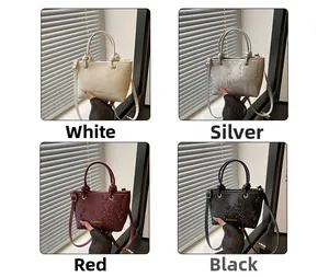 Detailed four-color selection of mini fashion tote bags with textured finish and dual handles