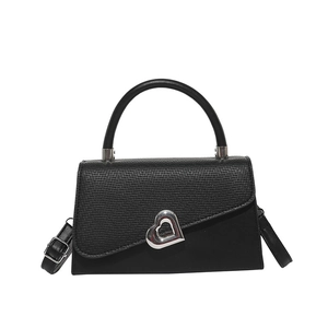 Retro black leather handbag with woven texture and silver heart buckle detail