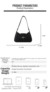 Detailed dimensions and size comparison of the black PU leather underarm bag with star hardware