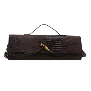 Dark brown faux crocodile leather handbag featuring a stylish gold knot-shaped metal clasp