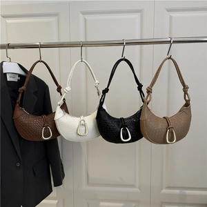 Women Hobo Shoulder Bag Woven Texture PU Leather Knotted Strap Gold Buckle Crescent Shape Fashion Commuting