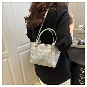 Detailed view of silver snake-pattern handbag with crossbody strap and metallic finish