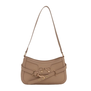Retro khaki leather shoulder bag with a gold bow buckle in a crescent silhouette
