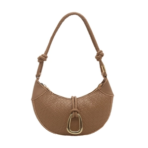 Brown half-moon shoulder bag with crocodile texture and gold horseshoe buckle details