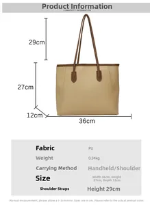 Detailed size chart showing dimensions of the beige and brown bicolor tote handbag