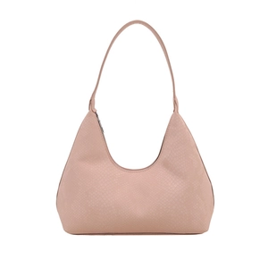 Minimalist nude pink textured leather hobo bag with snake pattern and shoulder strap