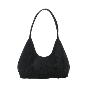 Minimalist black crescent shoulder bag with snakeskin texture and sleek commute style