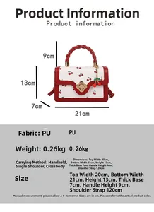 Size chart showing height 13cm and width 21cm for the cherry print mini handbag