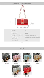 Detailed dimension chart and size specifications for the sequined chain crossbody bag