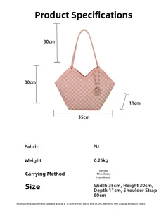 Detail view of pink PU leather tote bag showing M-pattern print and dimensions for 2025 style