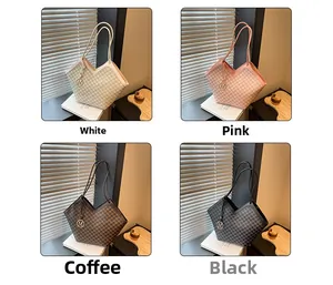 Variety of four minimalist tote bags in white, pink, brown, and black with M-logo charm