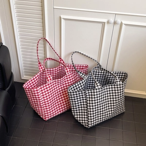 Gingham Canvas Tote Bag Large Capacity Plaid Shoulder Bag Ins Fashion Retro Casual Shopping Bag For Women