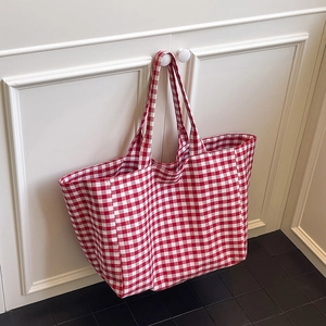 Large capacity red and white checkered canvas tote bag with wide shoulder straps