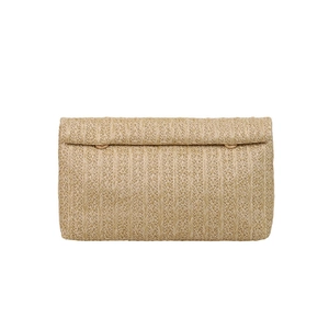 Beige woven straw clutch bag with V-shaped texture and metal rings on a white background