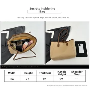 Detailed size chart for beige tote bag showing 36x27x12 cm dimensions and handle height