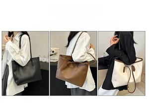 Three versatile tote bags in black, brown, and bicolor shown with adjustable shoulder straps