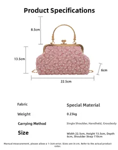 Detail of pink pearl handbag with 3D lace flowers showing 22.5x13.5x6cm dimensions