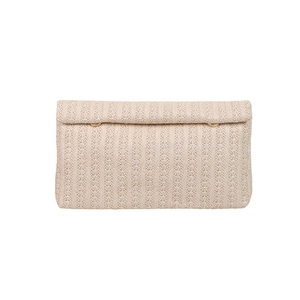 Minimalist straw weave clutch beach bag in beige with golden rings and flap closure