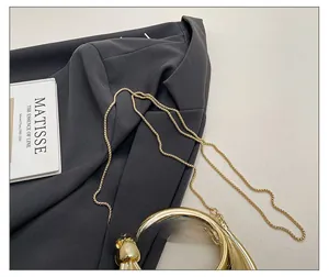 Detail of elegant gold metal chain strap and circular handle on acrylic box bag