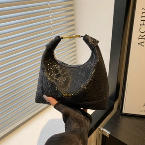 Fashionable black snake pattern hobo bag with gold buckle and stylish pleated design