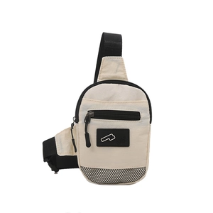 Minimalist beige nylon crossbody chest bag with black zipper pocket and mesh detail