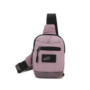 Lavender nylon crossbody chest bag with adjustable strap and front mesh detail