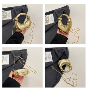 Detailed views of gold moon-shaped acrylic clutch bag with metal handle and chain