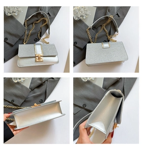 Detail view of silver sequin evening bag showing the front, back, side and bottom base