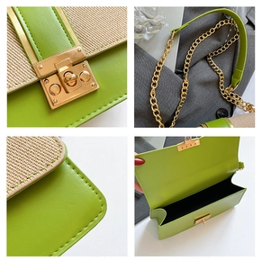 Detail shots of avocado green woven crossbody bag with gold chain strap and metal lock