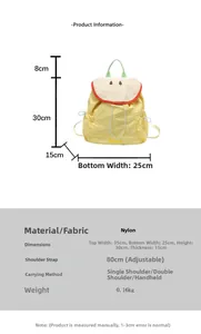 Detailed dimension guide for yellow nylon cartoon apple backpack showing 35x25x15cm size