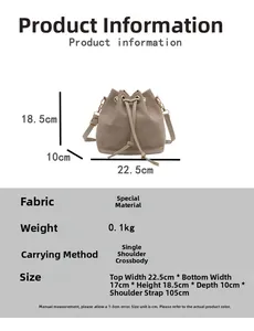 Detailed size specifications and material chart for the brown textured bucket bag