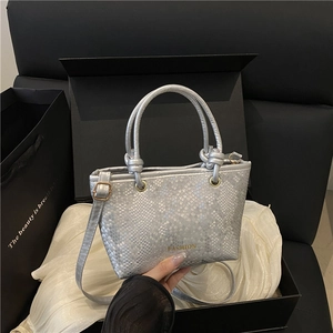 Silver snakeskin textured small square handbag with gold FASHION lettering for women