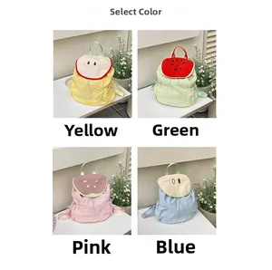 Detailed view showing four colorful mini backpacks in yellow, green, pink and blue shades
