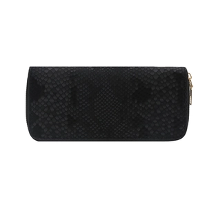 Women's long snake texture zip wallet in black with elegant gold-tone zipper details